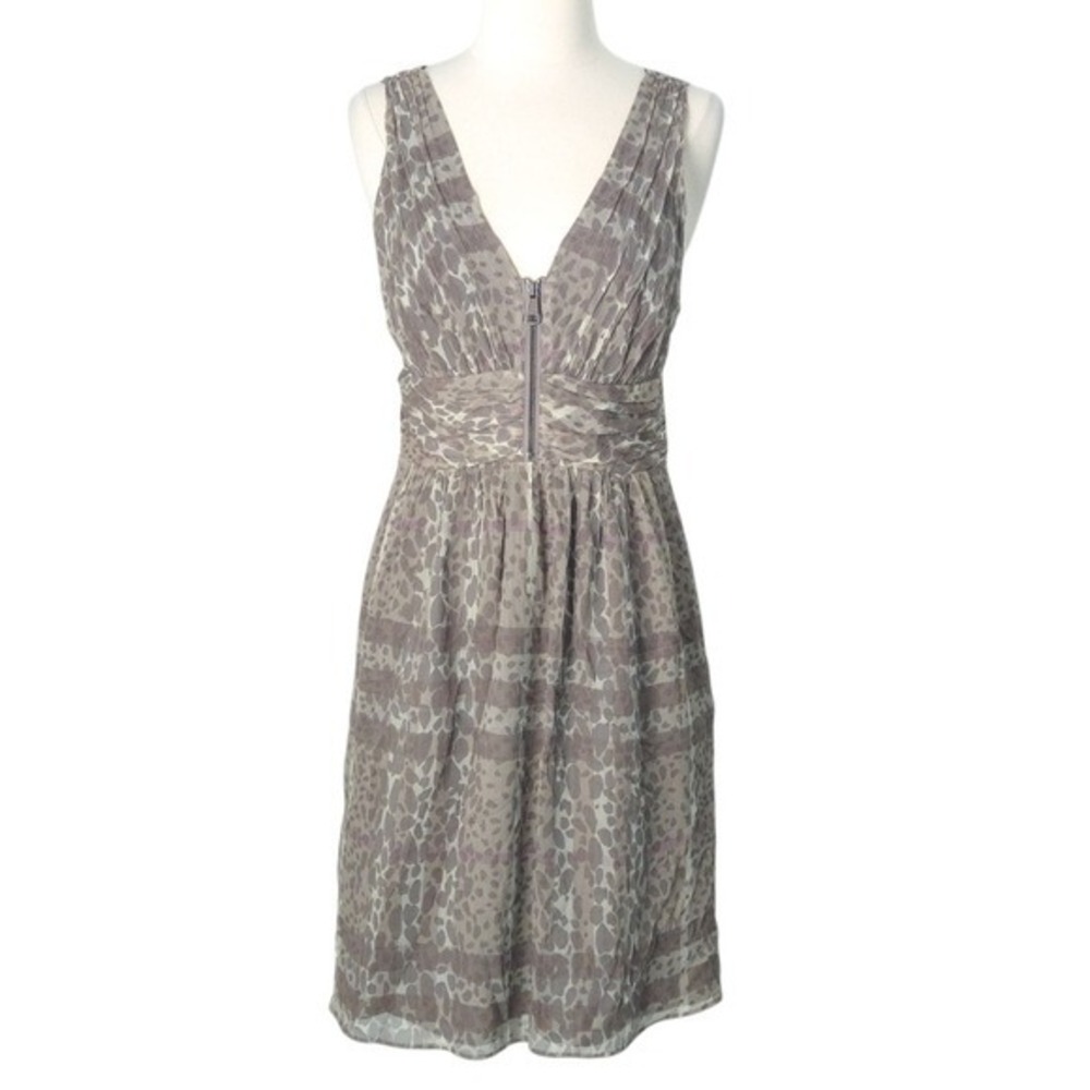 Burberry London Leopard‎ & Plaid Beige Silk A-Line Sleeveless Dress- Size 6
